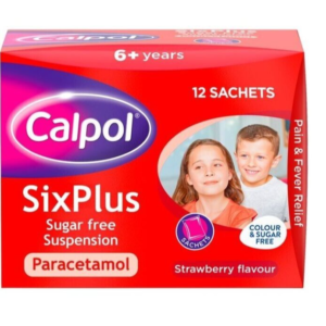 Calpol 6+ Fever Pain Relief Strawberry Colour Sugar Free 12 Sachets sixplus six