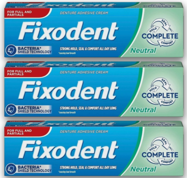 3 x Fixodent Neutral Complete Denture Adhesive Cream Strong Hold Food Seal, 40ml
