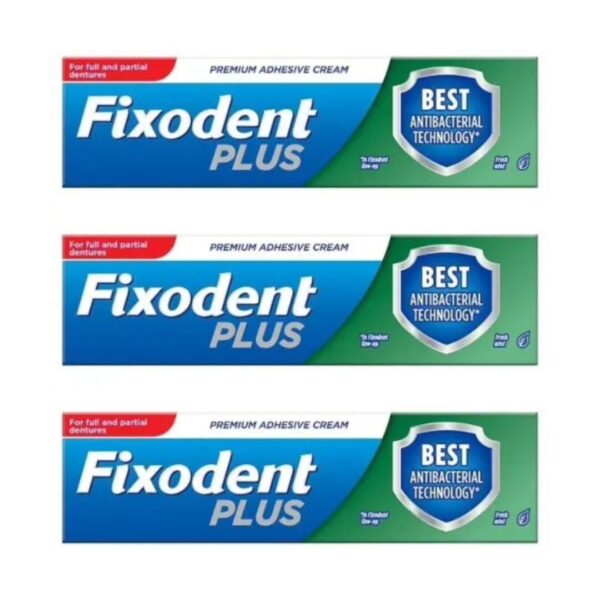 3 x Fixodent Plus Denture Adhesive Cream (Green)-Best Antibaterial T,Logy - 40g
