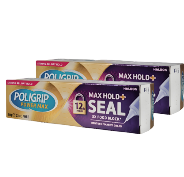 2 x Poligrip Power Max Hold & Seal -Flavour Free Denture Fixative Cream 12h Hold