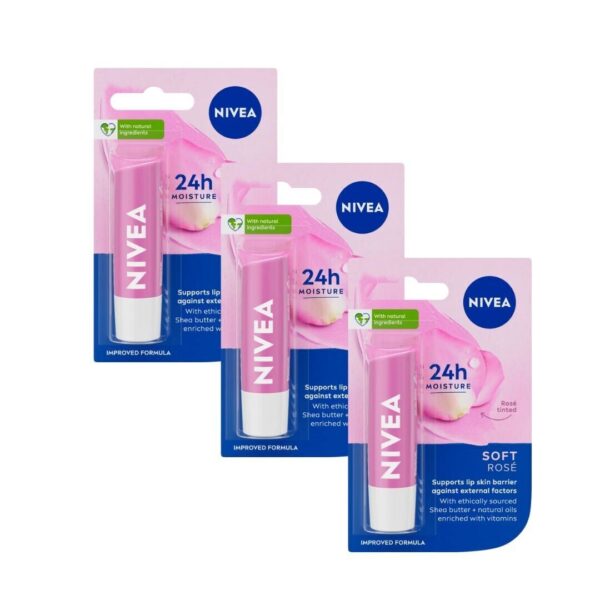 Nivea Lip Care Balms Soft Rose-4.8g x Pack Of 3-Providing Long-Lasting Hydration