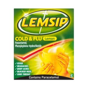 LEMSIP MAX COLD & FLU Lemon FEVER HEADACHE BLOCKED NOSE (5 Sachets)