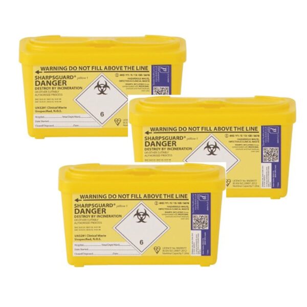 3 packs of 1 litre sharps container Sharpsguard Bin Yellow Sharps Disposal
