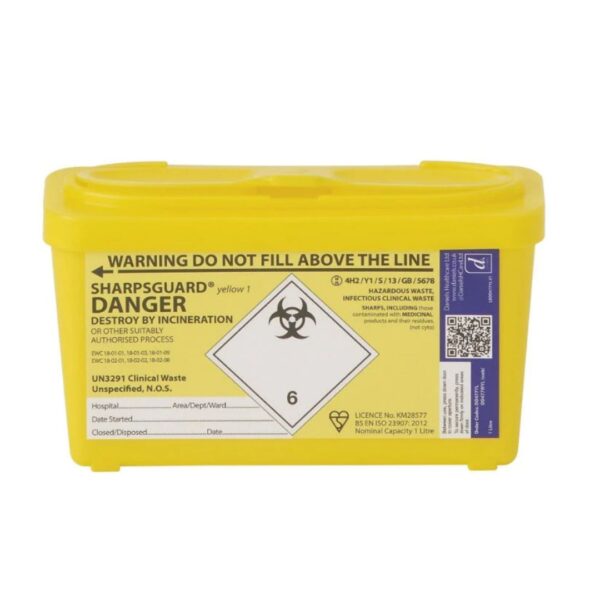 1 Litre - Sharps Bin Sharpsguard Needle Box, Medical Waste Tub Container - 1L