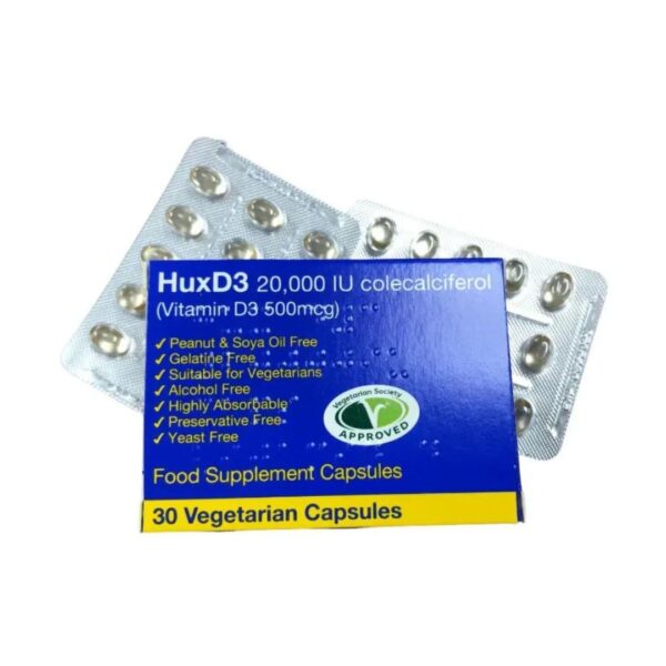 HuxD3 Colecalciferol 20000iu Vitamin Hux D3 Capsules Vegetarian Kosher Halal (Pack Of 30)