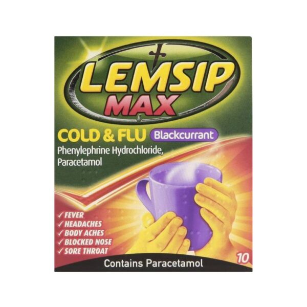 LEMSIP MAX COLD & FLU Blackcurrant FEVER HEADACHE BLOCKED NOSE (10 Sachets)
