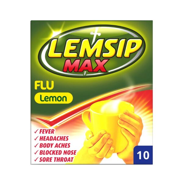 LEMSIP MAX COLD & FLU Lemon FEVER HEADACHE BLOCKED NOSE (10 Sachets)