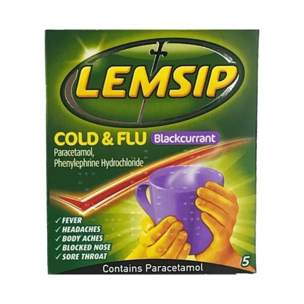 LEMSIP MAX COLD & FLU Blackcurrant FEVER HEADACHE BLOCKED NOSE (5 Sachets)